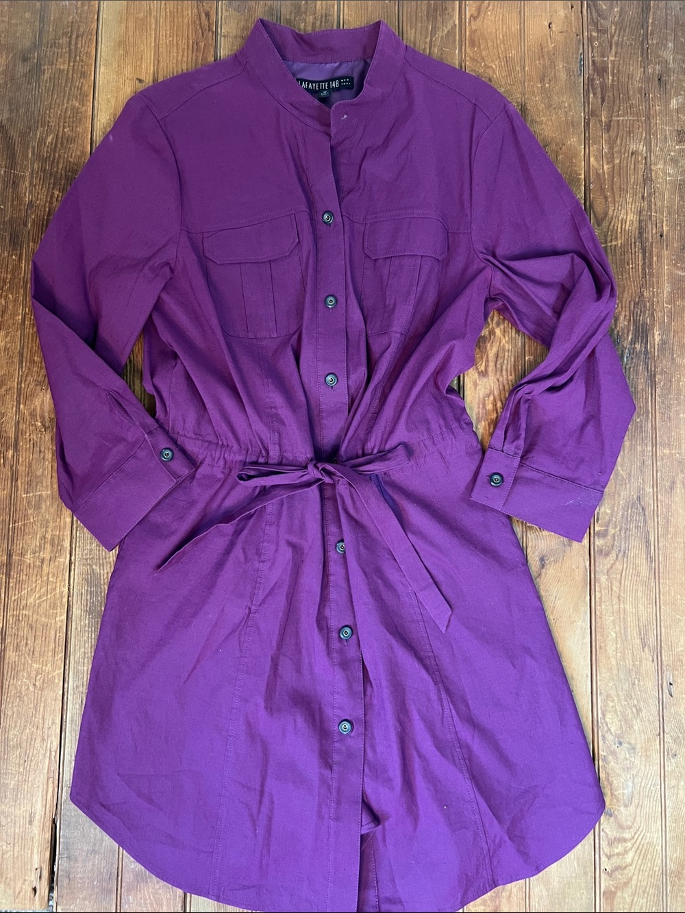 Layfayette 148 Purple Plum Button-Front Shirt Dress Linen long sleeve size 12